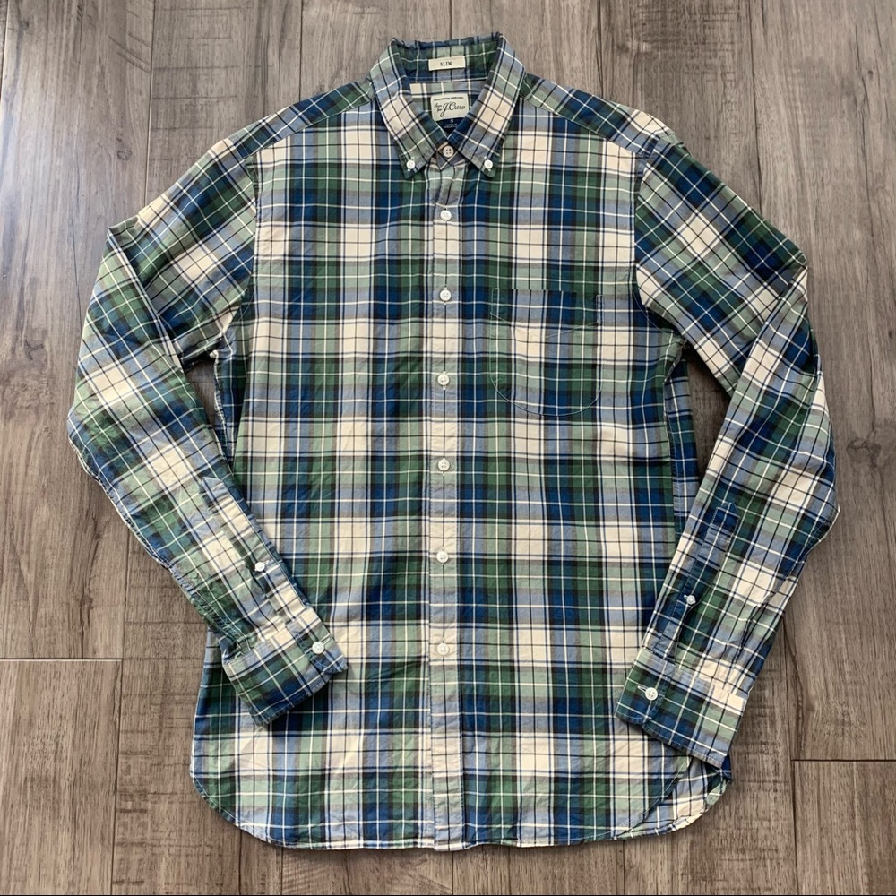 J. Crew Slim Button Down Green Blue Plaid Small